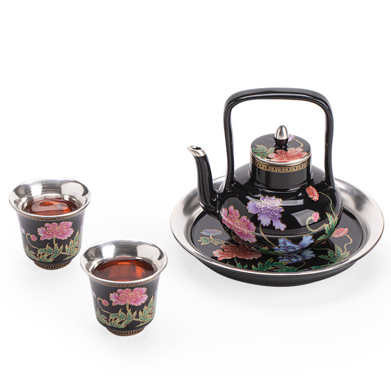 Authentic Silver-Gilt Corn Poppy Beam-Handle Teapot Set with Pot Bearer & Cups - Luxury Gift Box