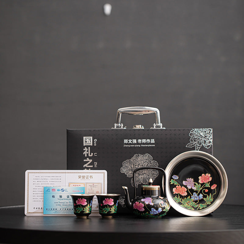 Authentic Silver-Gilt Corn Poppy Beam-Handle Teapot Set with Pot Bearer & Cups - Luxury Gift Box