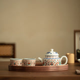 Authentic Antique Red & Green Intertwined Lotus Relief Teapot & 2 Cups Set - 180ml Gongfu Suite