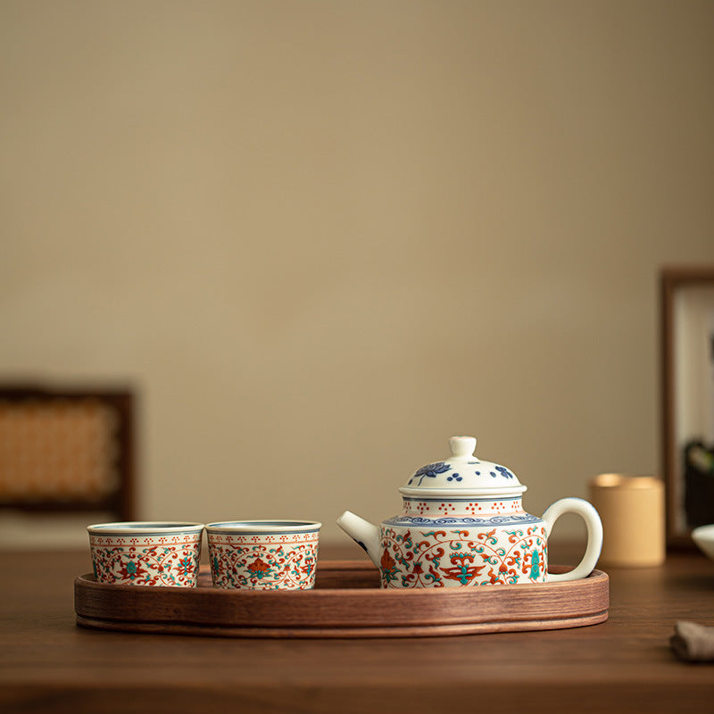 Authentic Antique Red & Green Intertwined Lotus Relief Teapot & 2 Cups Set - 180ml Gongfu Suite