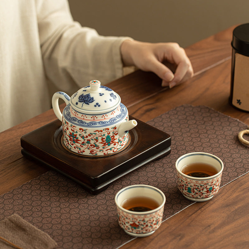 Authentic Antique Red & Green Intertwined Lotus Relief Teapot & 2 Cups Set - 180ml Gongfu Suite