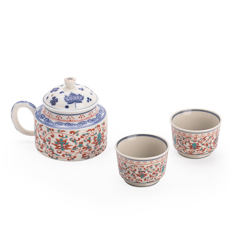 Authentic Antique Red & Green Intertwined Lotus Relief Teapot & 2 Cups Set - 180ml Gongfu Suite