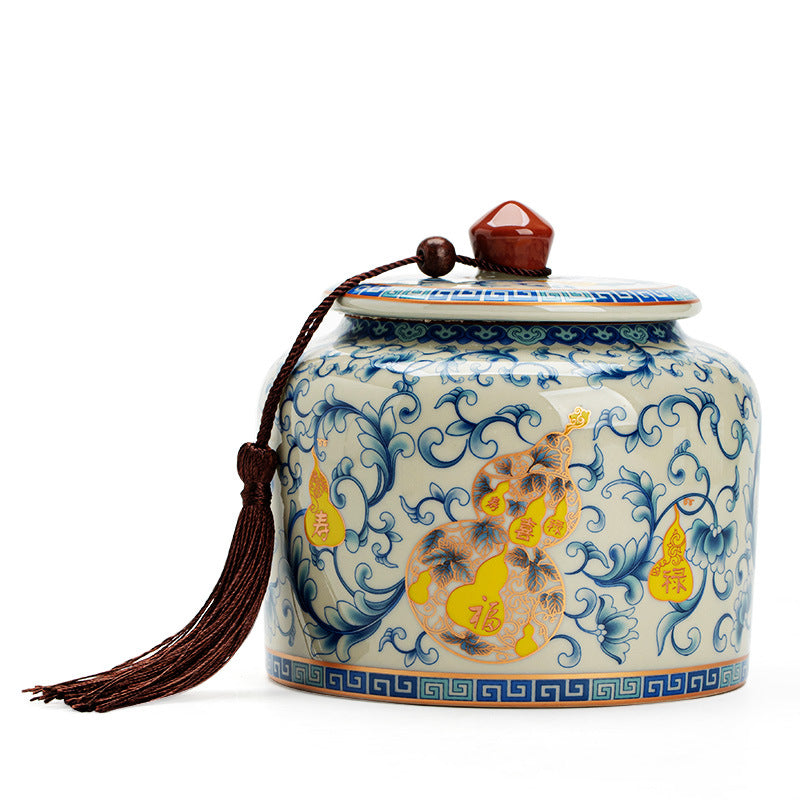 Authentic Plant-Ash Glaze Fulu Shouxi Lotus Straight-Body Ceramic Tea Caddy - Airtight Canister