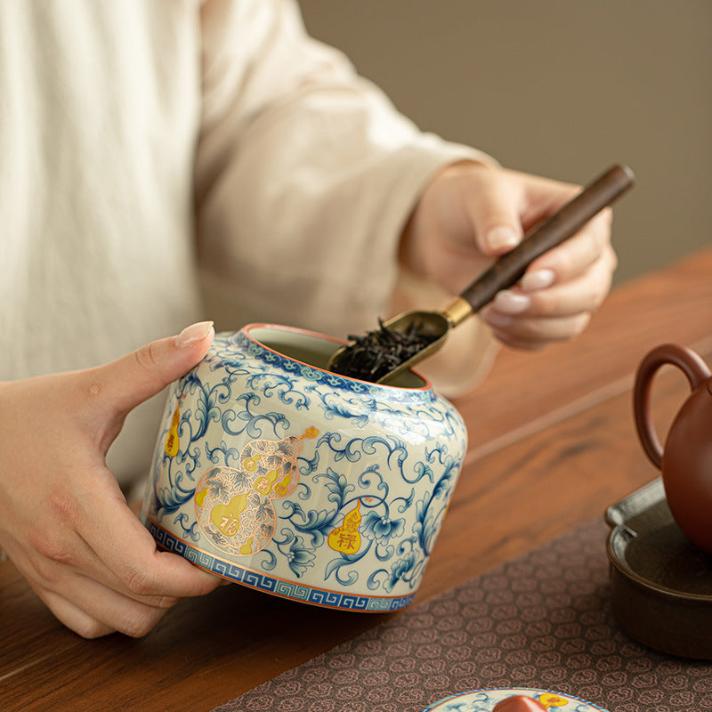 Authentic Plant-Ash Glaze Fulu Shouxi Lotus Straight-Body Ceramic Tea Caddy - Airtight Canister
