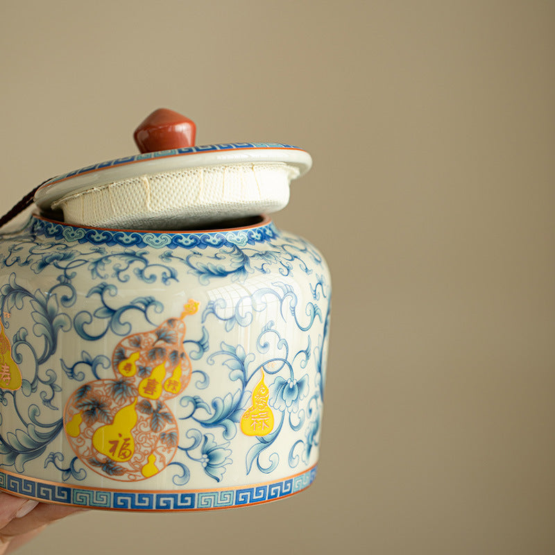 Authentic Plant-Ash Glaze Fulu Shouxi Lotus Straight-Body Ceramic Tea Caddy - Airtight Canister