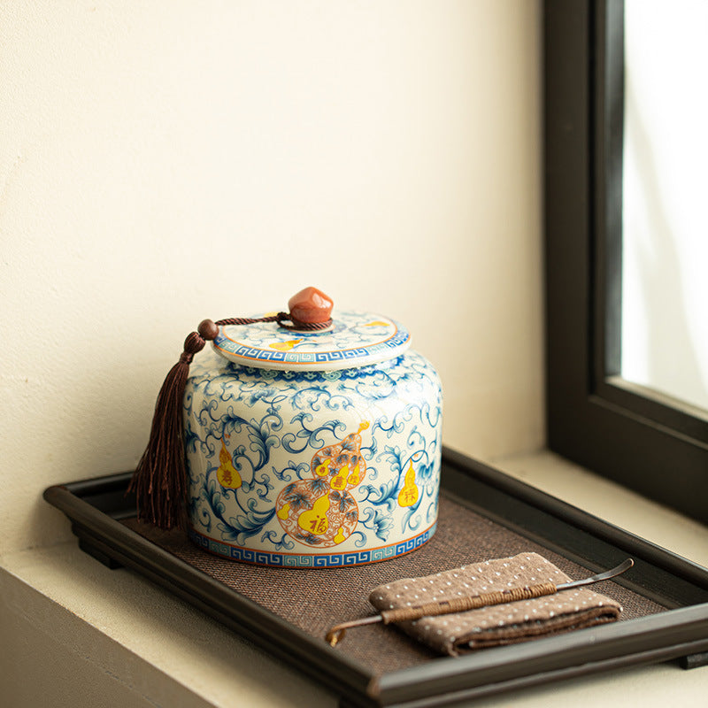 Authentic Plant-Ash Glaze Fulu Shouxi Lotus Straight-Body Ceramic Tea Caddy - Airtight Canister