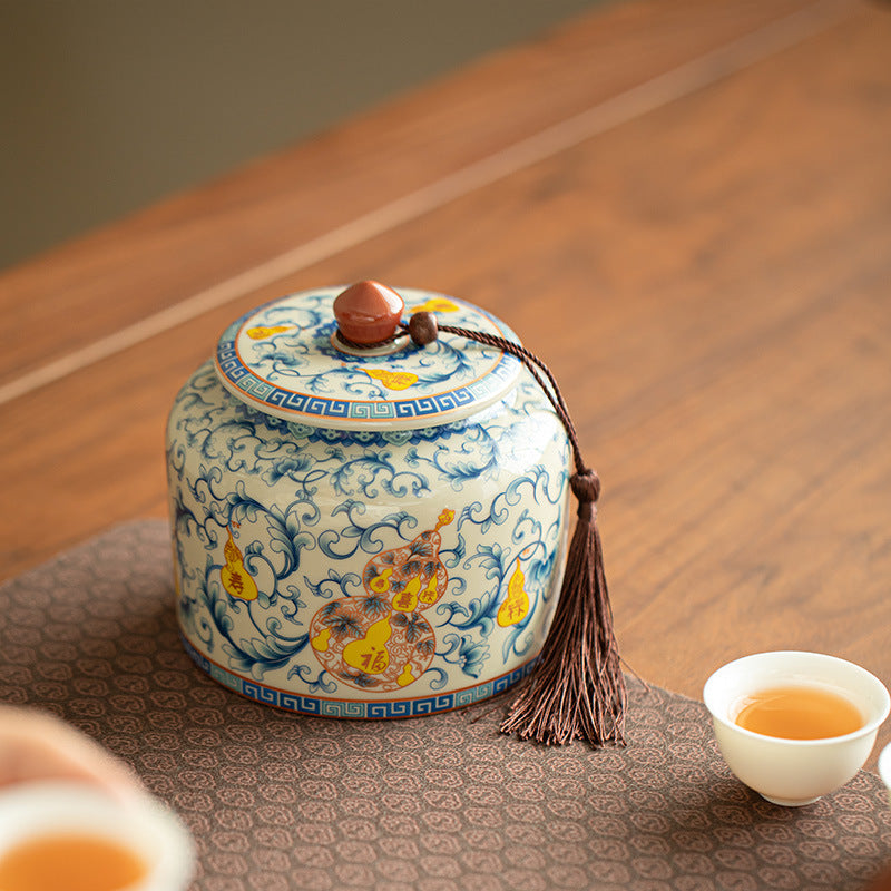 Authentic Plant-Ash Glaze Fulu Shouxi Lotus Straight-Body Ceramic Tea Caddy - Airtight Canister