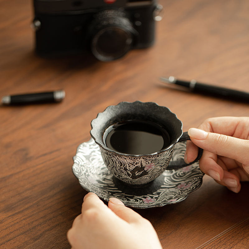 Handcrafted Old Rock Clay Nine-Tailed Fox Ceramic Mug with Saucer - 320ml Office Tea & Coffee Cup