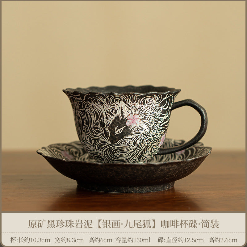 Handcrafted Old Rock Clay Nine-Tailed Fox Ceramic Mug with Saucer - 320ml Office Tea & Coffee Cup