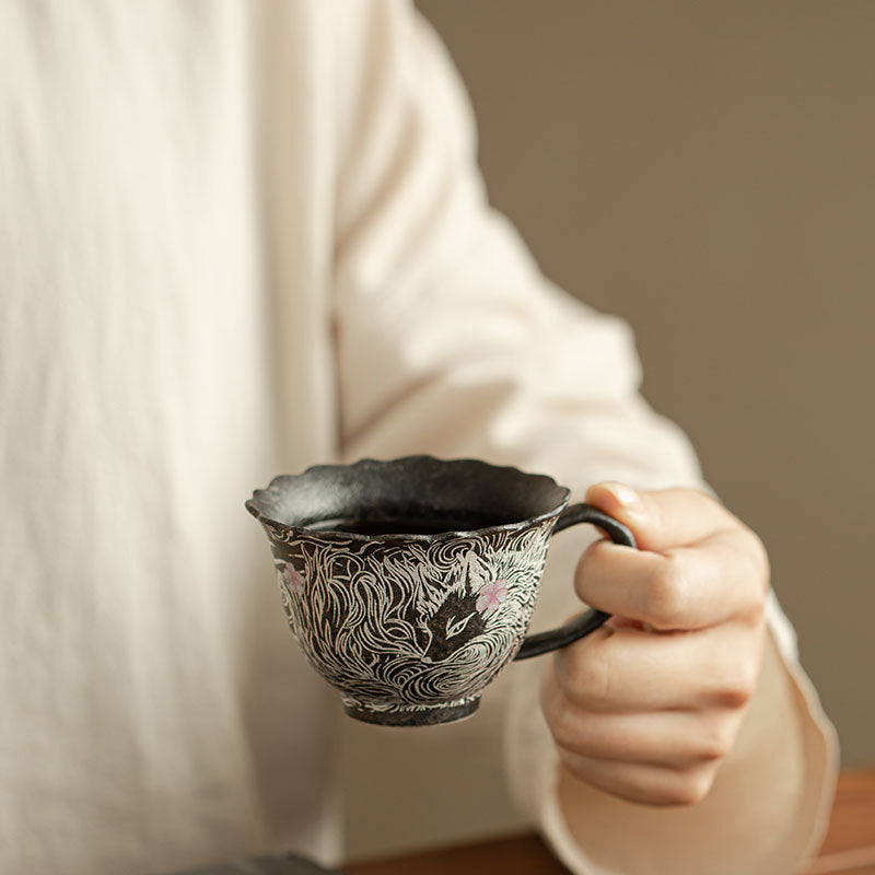 Handcrafted Old Rock Clay Nine-Tailed Fox Ceramic Mug with Saucer - 320ml Office Tea & Coffee Cup