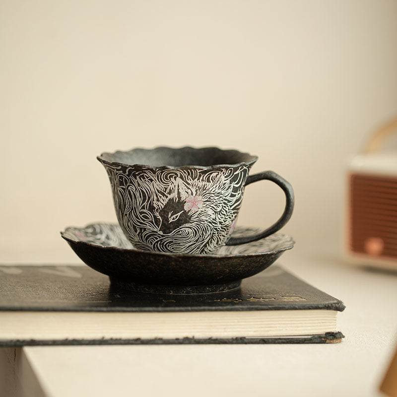 Handcrafted Old Rock Clay Nine-Tailed Fox Ceramic Mug with Saucer - 320ml Office Tea & Coffee Cup