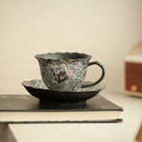 Handcrafted Old Rock Clay Nine-Tailed Fox Ceramic Mug with Saucer - 320ml Office Tea & Coffee Cup
