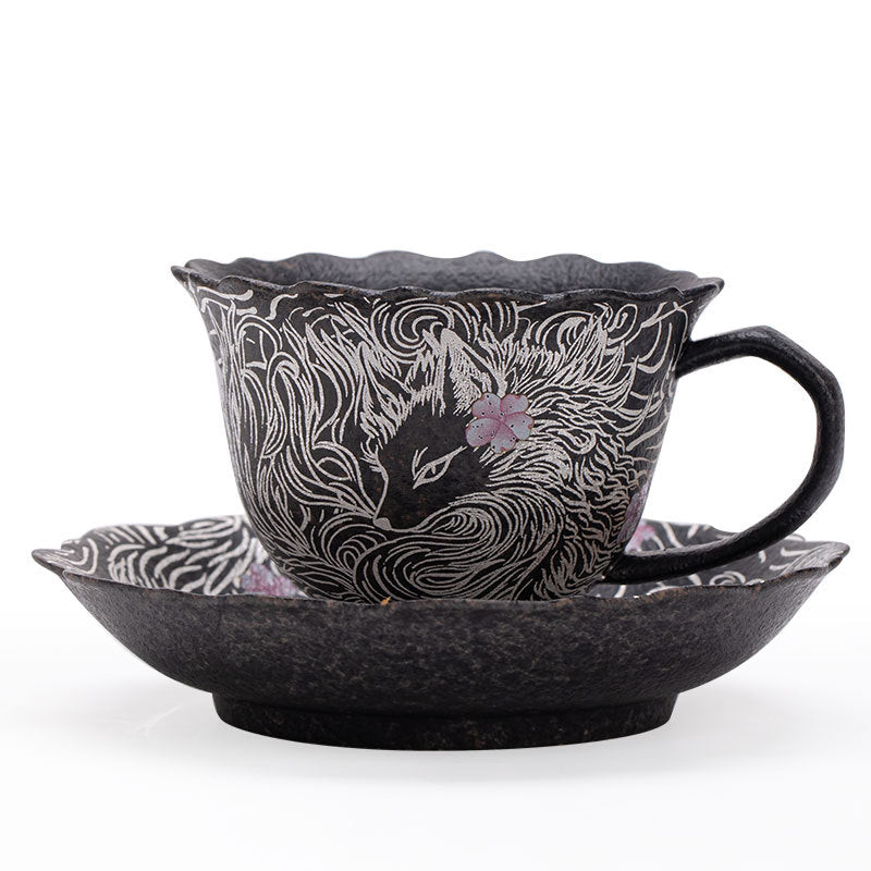 Handcrafted Old Rock Clay Nine-Tailed Fox Ceramic Mug with Saucer - 320ml Office Tea & Coffee Cup