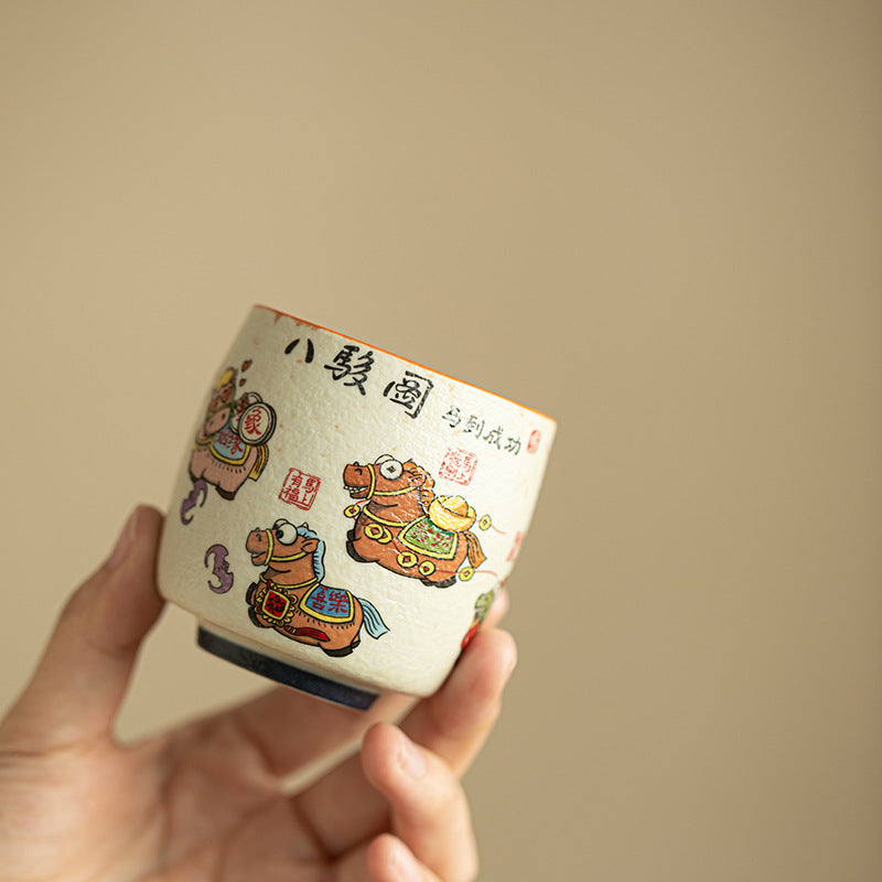 Authentic Guochao Hand-Painted Eight Steeds Galloping Horses Master Teacup - 85ml Gongfu Cup