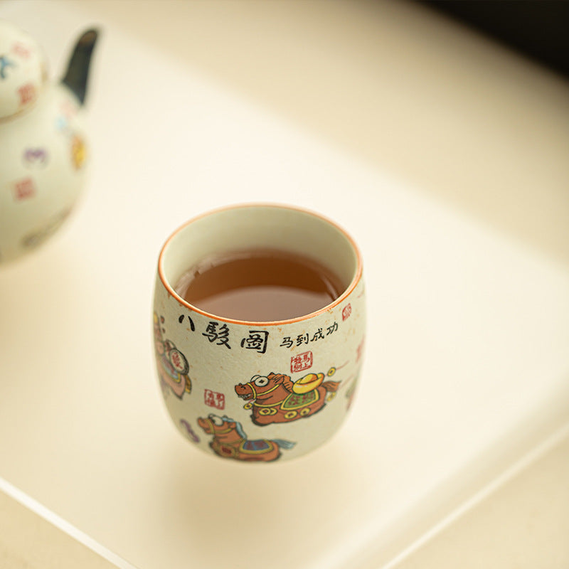 Authentic Guochao Hand-Painted Eight Steeds Galloping Horses Master Teacup - 85ml Gongfu Cup