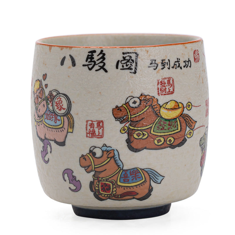 Authentic Guochao Hand-Painted Eight Steeds Galloping Horses Master Teacup - 85ml Gongfu Cup