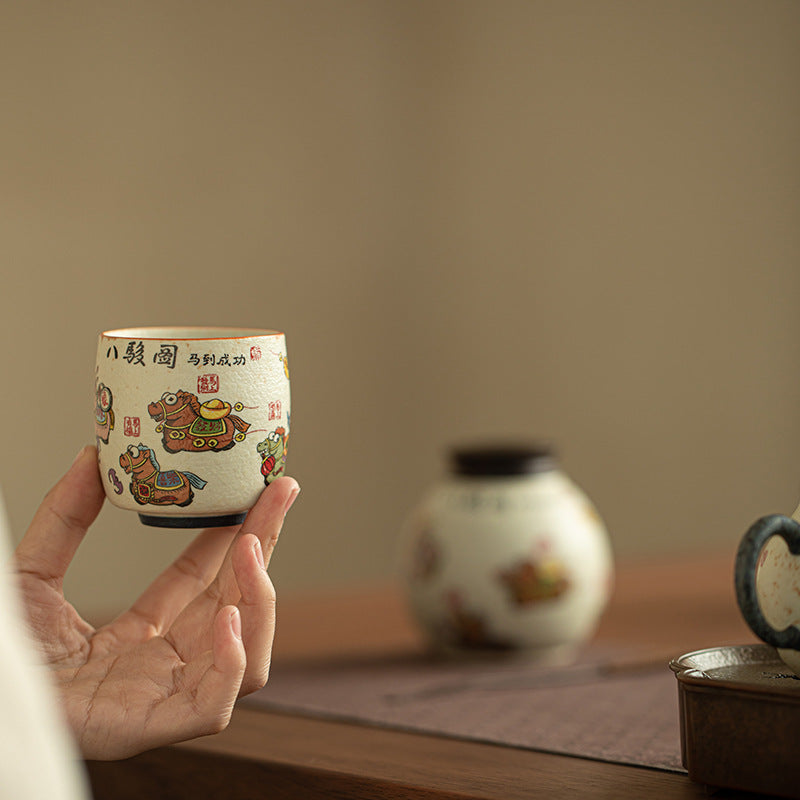 Authentic Guochao Hand-Painted Eight Steeds Galloping Horses Master Teacup - 85ml Gongfu Cup