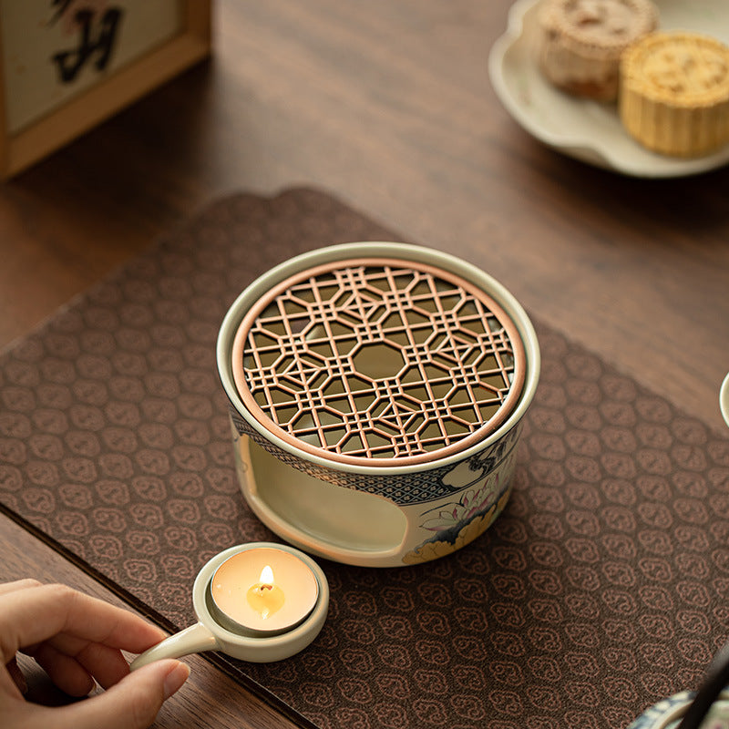 Authentic Handcrafted Soda-Glazed Lotus Rhyme Tea Warmer Candle Stove - Teaware Accessories
