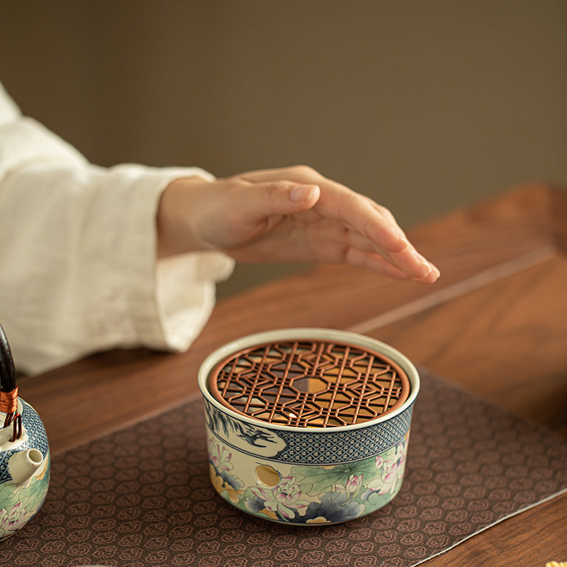 Authentic Handcrafted Soda-Glazed Lotus Rhyme Tea Warmer Candle Stove - Teaware Accessories
