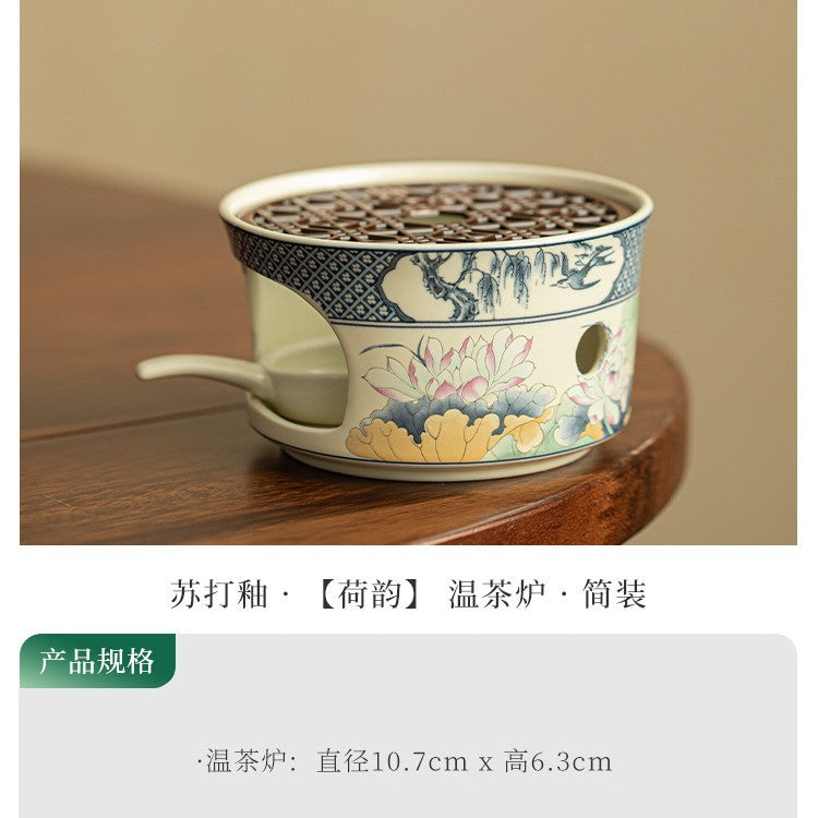 Authentic Handcrafted Soda-Glazed Lotus Rhyme Tea Warmer Candle Stove - Teaware Accessories