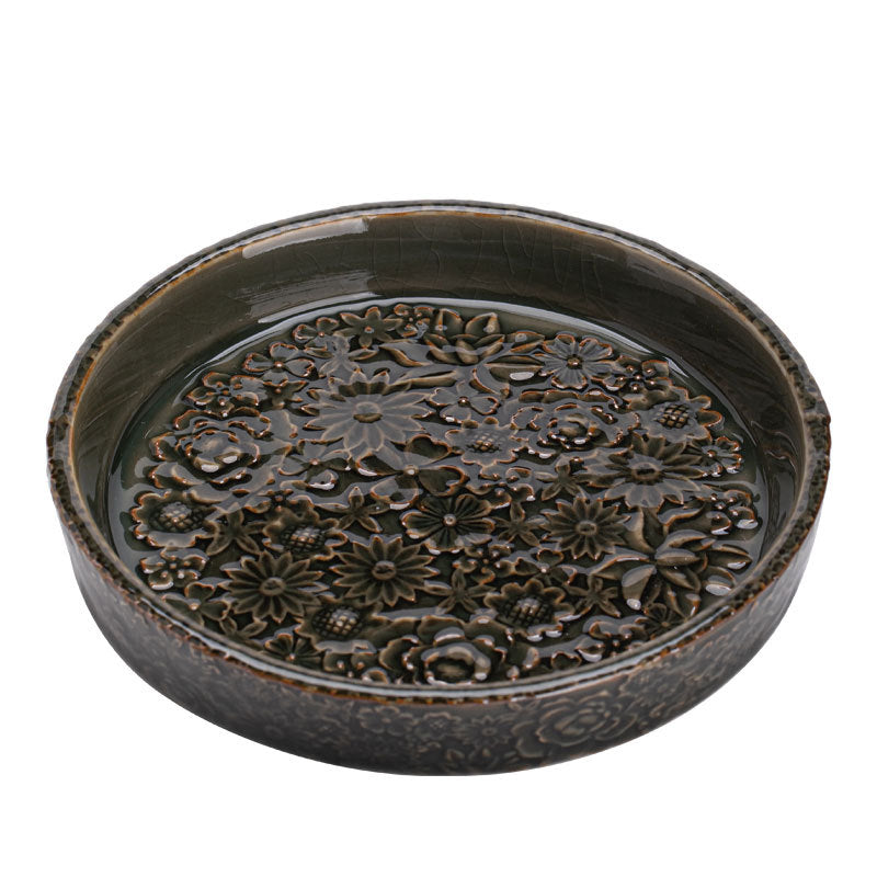 Authentic Song-Style Ge Kiln Celadon Myriad Flowers Relief Pot Bearer Tray - 19cm Teaware Accessories