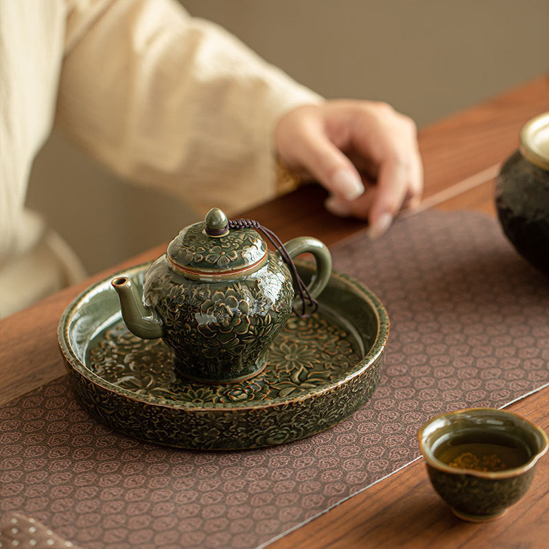 Authentic Song-Style Ge Kiln Celadon Myriad Flowers Relief Pot Bearer Tray - 19cm Teaware Accessories