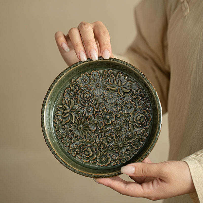 Authentic Song-Style Ge Kiln Celadon Myriad Flowers Relief Pot Bearer Tray - 19cm Teaware Accessories