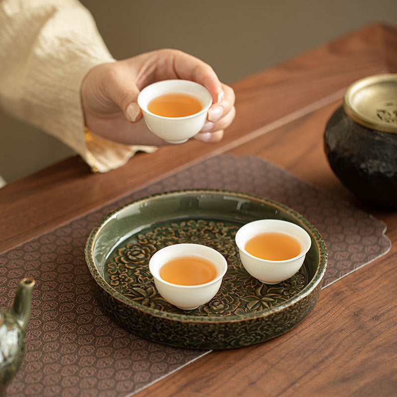 Authentic Song-Style Ge Kiln Celadon Myriad Flowers Relief Pot Bearer Tray - 19cm Teaware Accessories