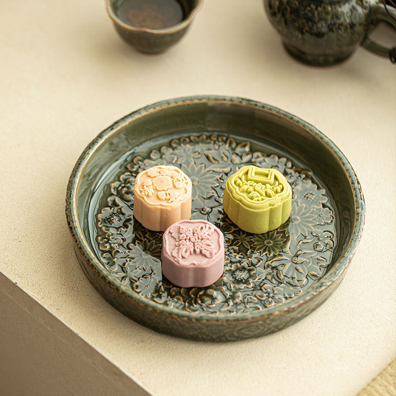 Authentic Song-Style Ge Kiln Celadon Myriad Flowers Relief Pot Bearer Tray - 19cm Teaware Accessories