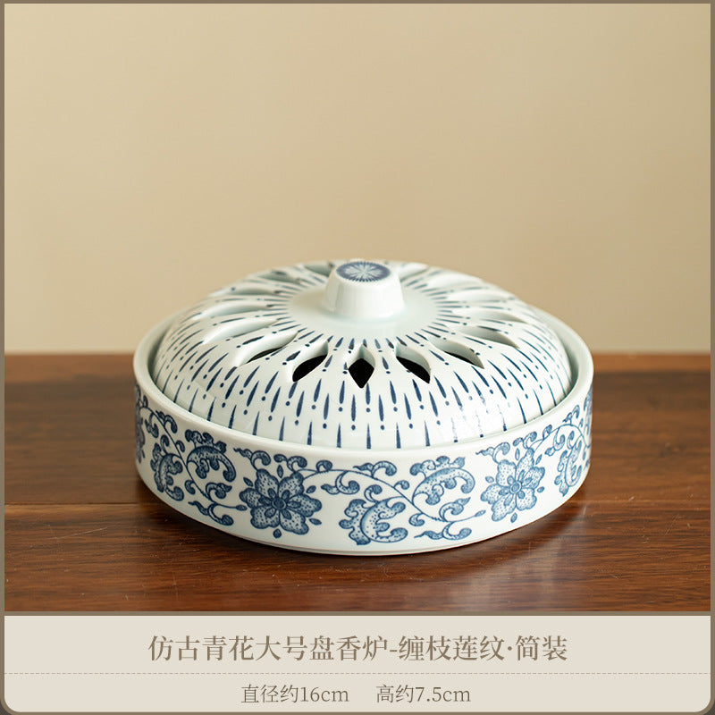 Authentic Antique Blue & White Intertwined Lotus Large Ceramic Coil Censer - 13cm Teaware Accessories