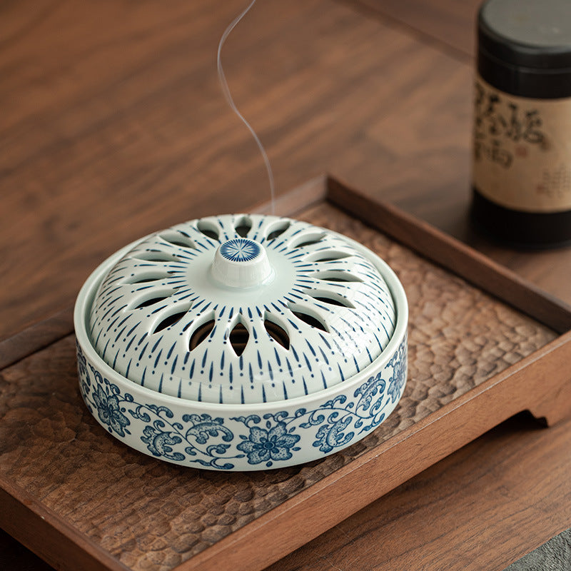 Authentic Antique Blue & White Intertwined Lotus Large Ceramic Coil Censer - 13cm Teaware Accessories