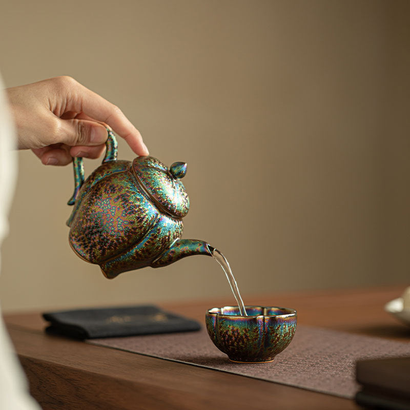 Authentic Jingdezhen Rainbow Flambé Melon-Lobed Ceramic Teapot - 190ml Gongfu Steeping Pot