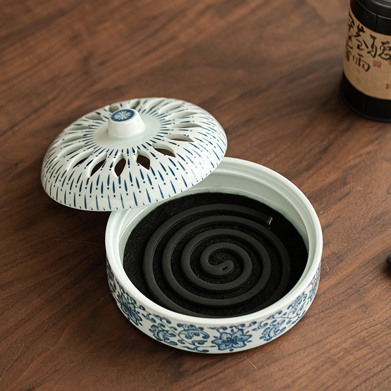 Authentic Antique Blue & White Intertwined Lotus Large Ceramic Coil Censer - 13cm Teaware Accessories