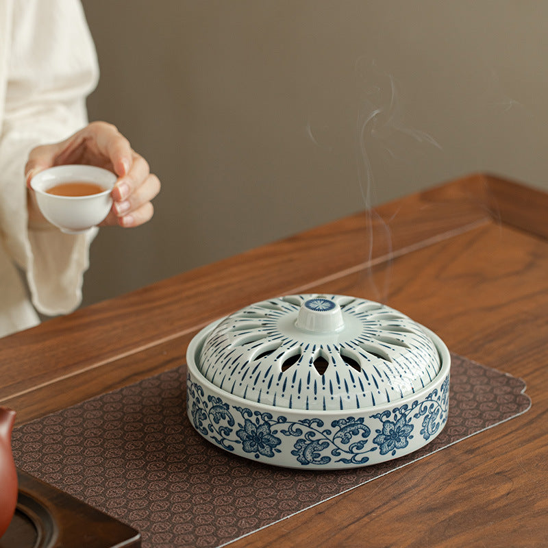 Authentic Antique Blue & White Intertwined Lotus Large Ceramic Coil Censer - 13cm Teaware Accessories