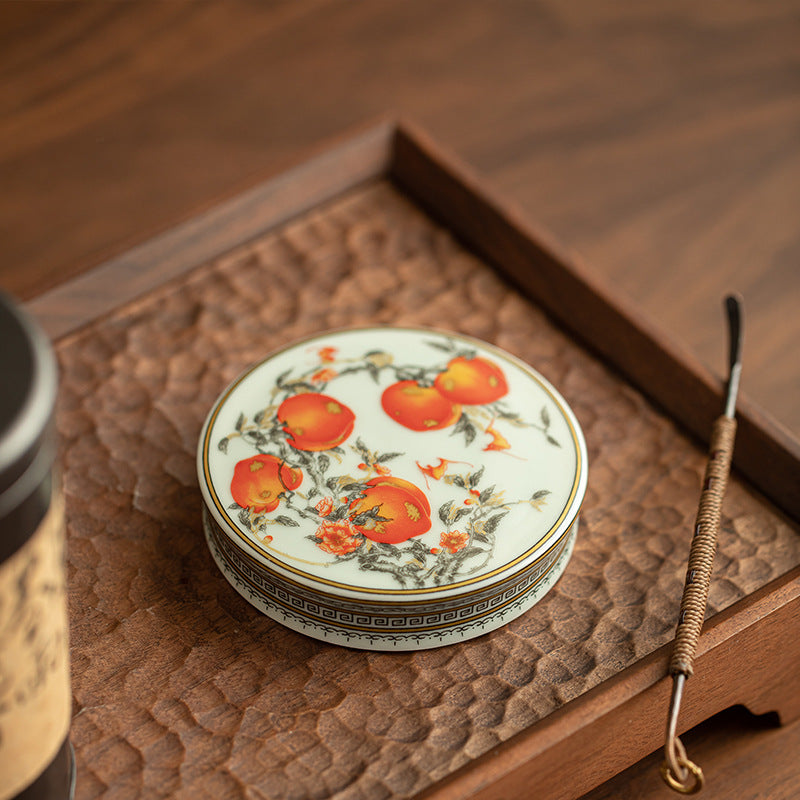 Authentic Jingdezhen Famille-Rose Ink Peach Lid Rest & Coaster Tray - Teaware Accessories