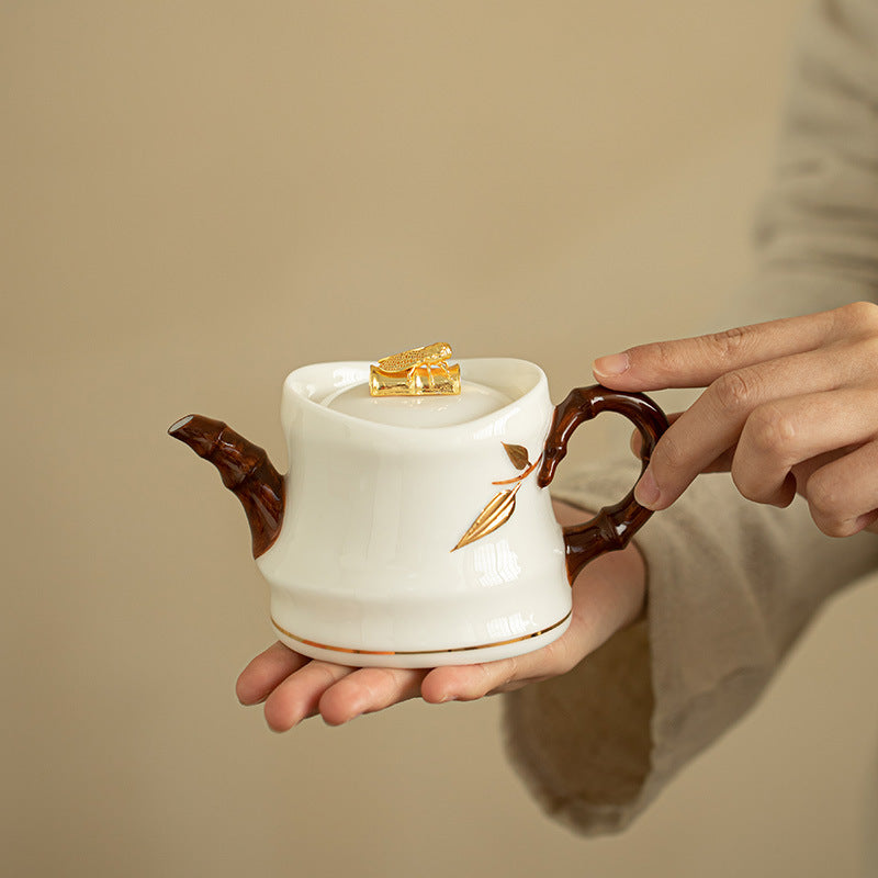 Handcrafted Embossed Ice Mutton-Fat Jade Bamboo-Joint Ceramic Teapot - 180ml Gongfu Pot
