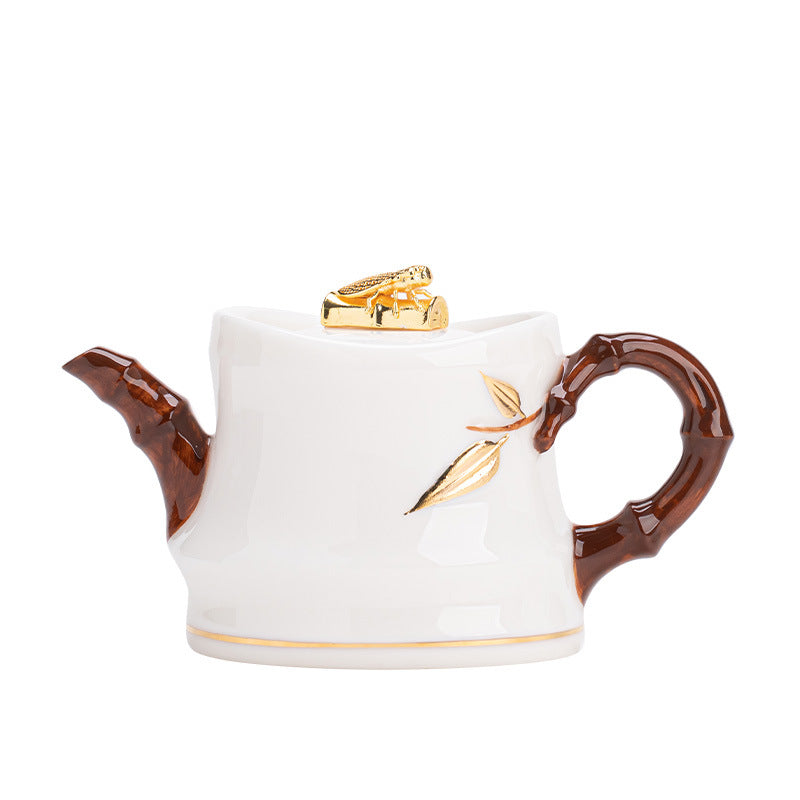 Handcrafted Embossed Ice Mutton-Fat Jade Bamboo-Joint Ceramic Teapot - 180ml Gongfu Pot