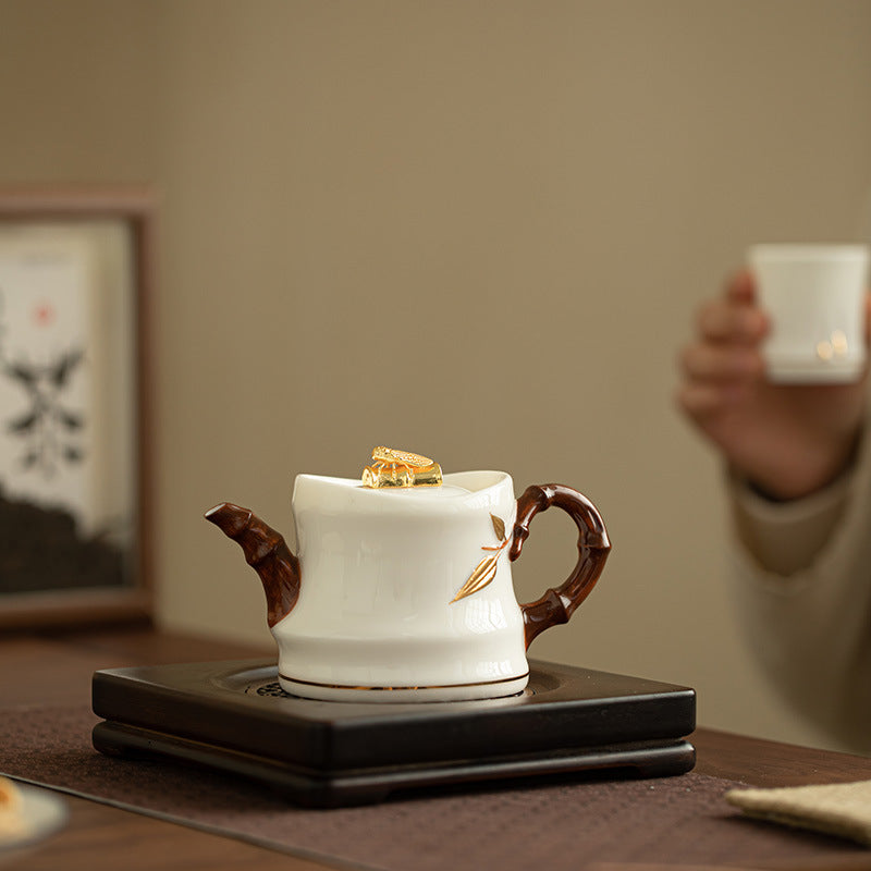 Handcrafted Embossed Ice Mutton-Fat Jade Bamboo-Joint Ceramic Teapot - 180ml Gongfu Pot