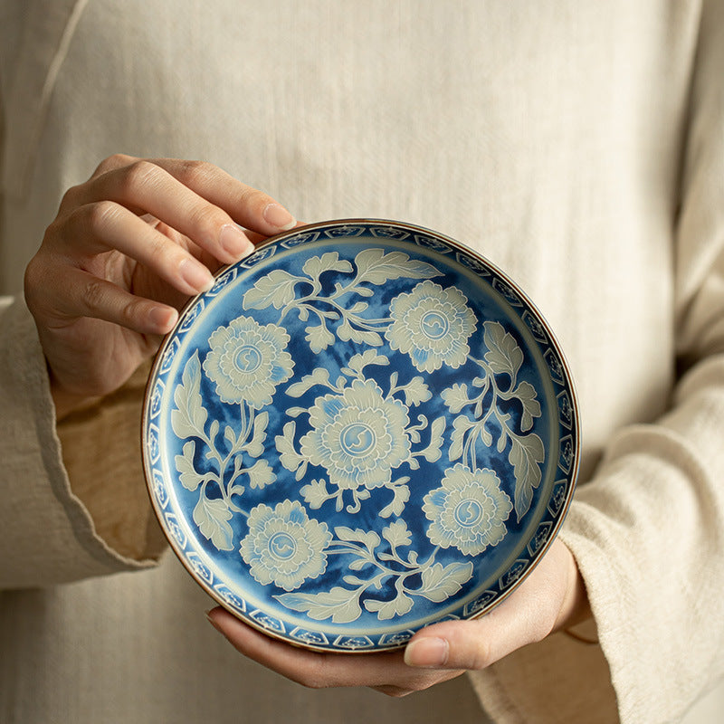 Authentic Jingdezhen Yuan Blue & White Peony Large Pot Bearer Tray - 22cm Teaware Accessories