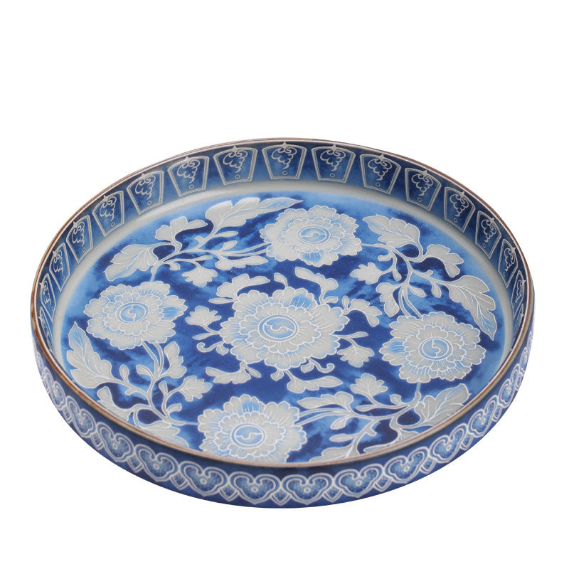 Authentic Jingdezhen Yuan Blue & White Peony Large Pot Bearer Tray - 22cm Teaware Accessories