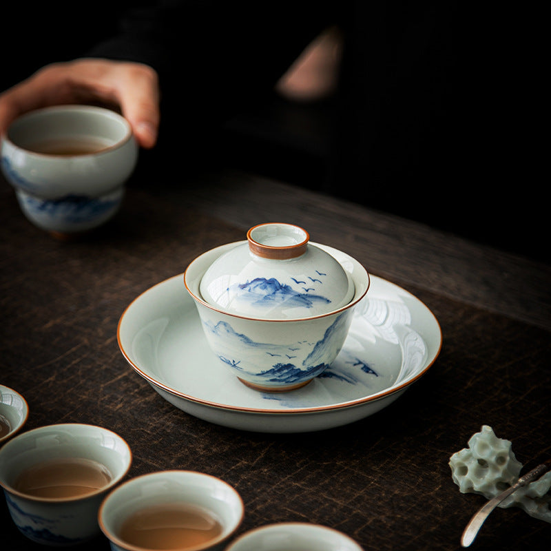 Authentic Hand-Painted Blue & White Coarse Stoneware Pot Bearer Tray - 20cm Teaware Accessories