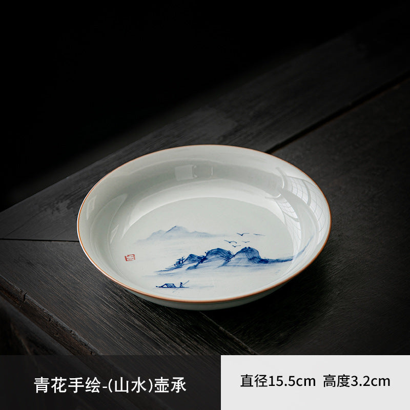 Authentic Hand-Painted Blue & White Coarse Stoneware Pot Bearer Tray - 20cm Teaware Accessories
