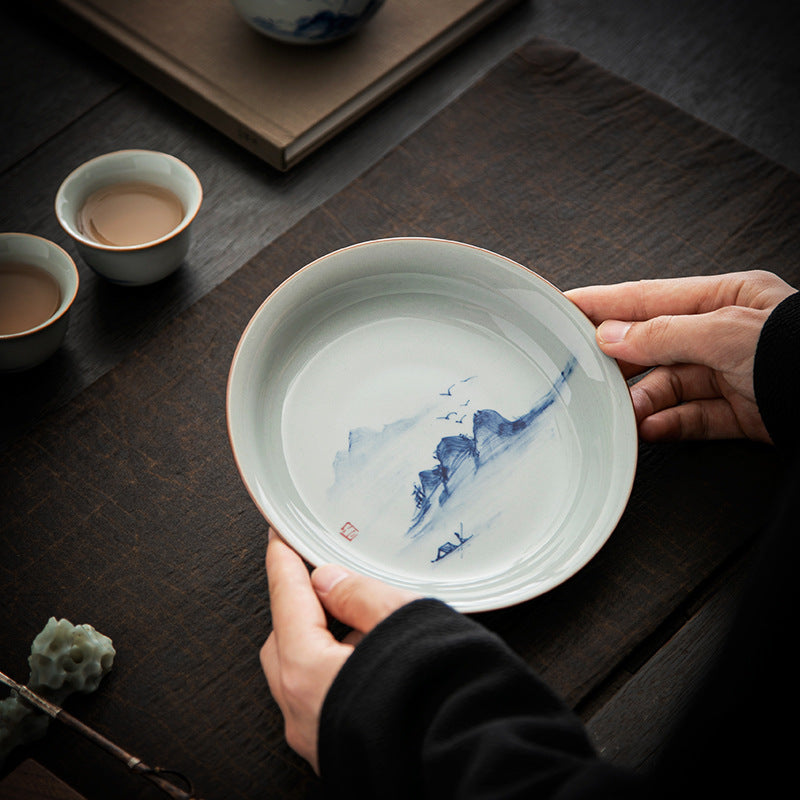 Authentic Hand-Painted Blue & White Coarse Stoneware Pot Bearer Tray - 20cm Teaware Accessories