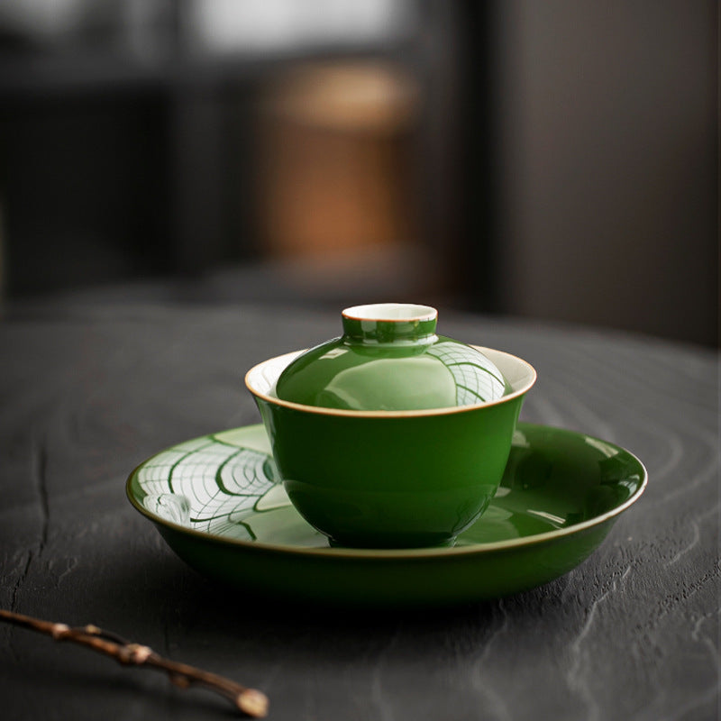 Authentic Neo-Chinese Emerald Green Large San Cai Gaiwan - 180ml Anti-Scald Gongfu Tea Bowl
