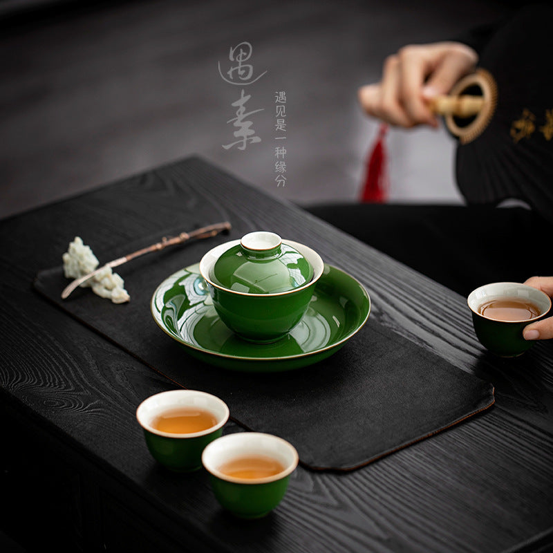 Authentic Neo-Chinese Emerald Green Large San Cai Gaiwan - 180ml Anti-Scald Gongfu Tea Bowl