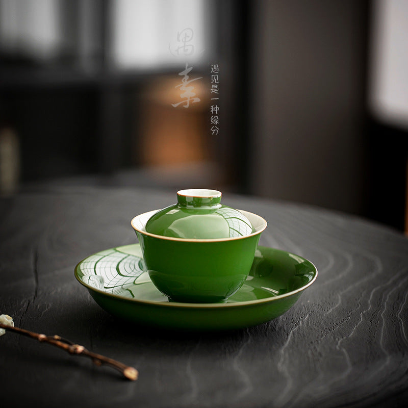 Authentic Neo-Chinese Emerald Green Large San Cai Gaiwan - 180ml Anti-Scald Gongfu Tea Bowl