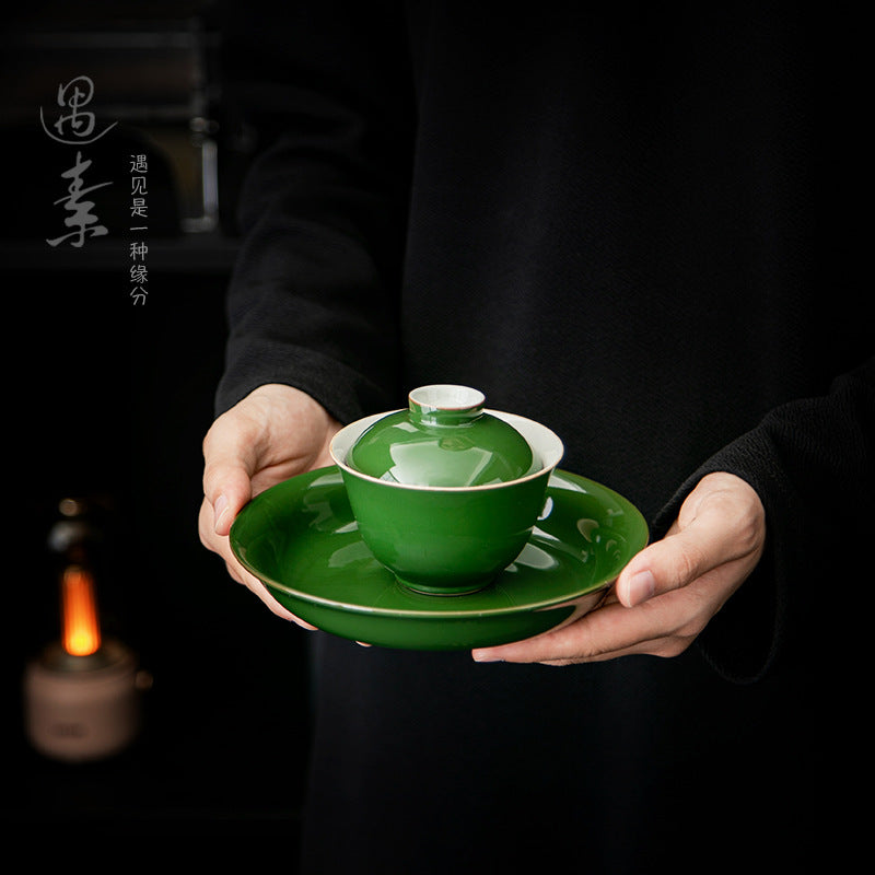 Authentic Neo-Chinese Emerald Green Large San Cai Gaiwan - 180ml Anti-Scald Gongfu Tea Bowl
