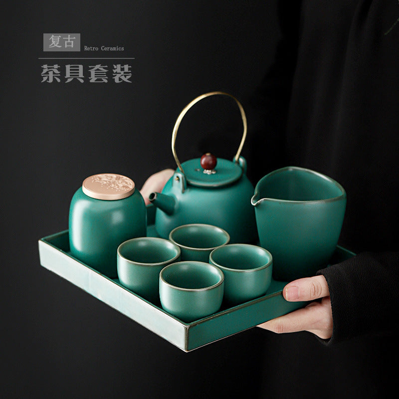 Authentic Stream Shadow Beam-Handle Ceramic Teapot Set with Tray & 4 Cups - Complete 6pc Suite
