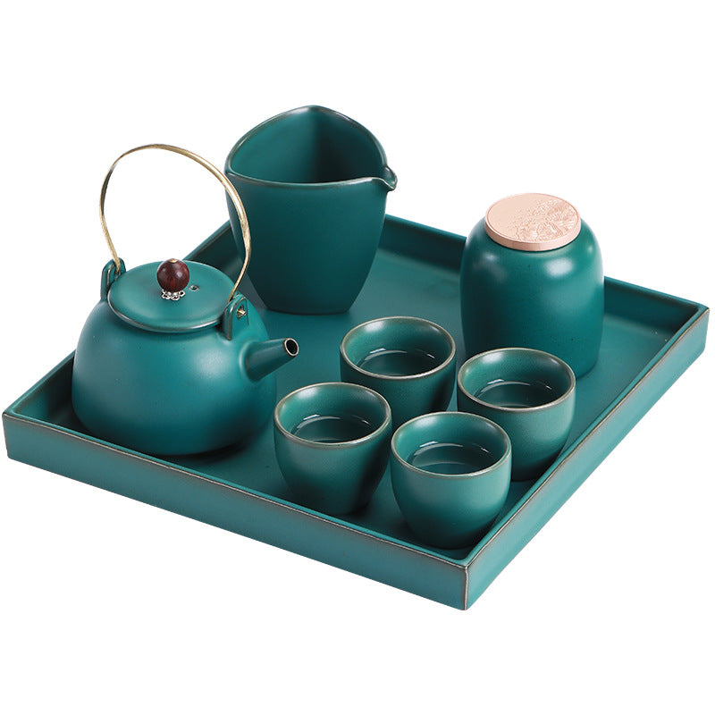 Authentic Stream Shadow Beam-Handle Ceramic Teapot Set with Tray & 4 Cups - Complete 6pc Suite