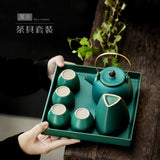 Authentic Stream Shadow Beam-Handle Ceramic Teapot Set with Tray & 4 Cups - Complete 6pc Suite